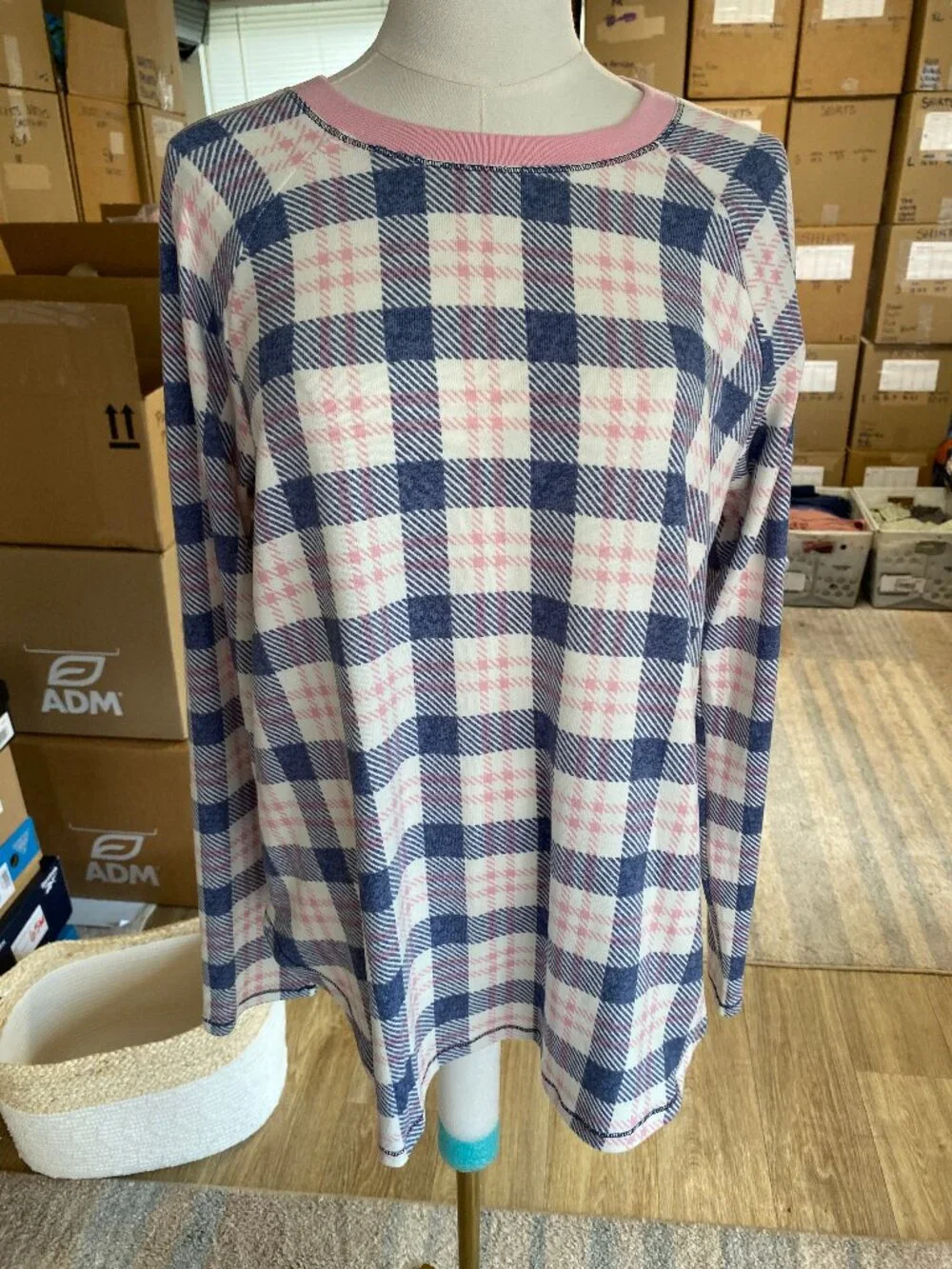 NEW Cuddl Duds Plaid Pajama Set Jogger Pants Pockets Pink Blue M